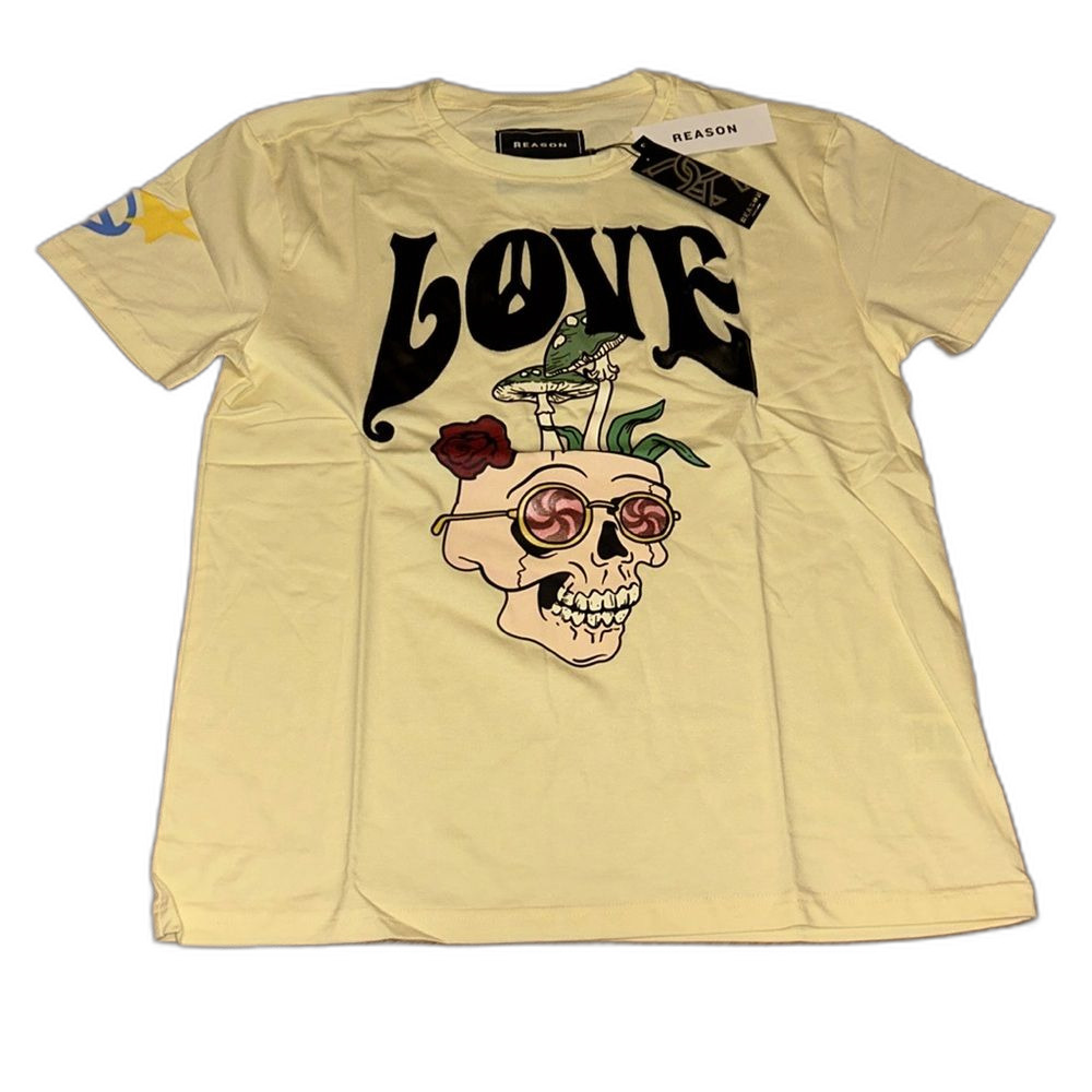 New REASON Men's LOVE Lightweight Embroidered Tee size L Cream skull B116